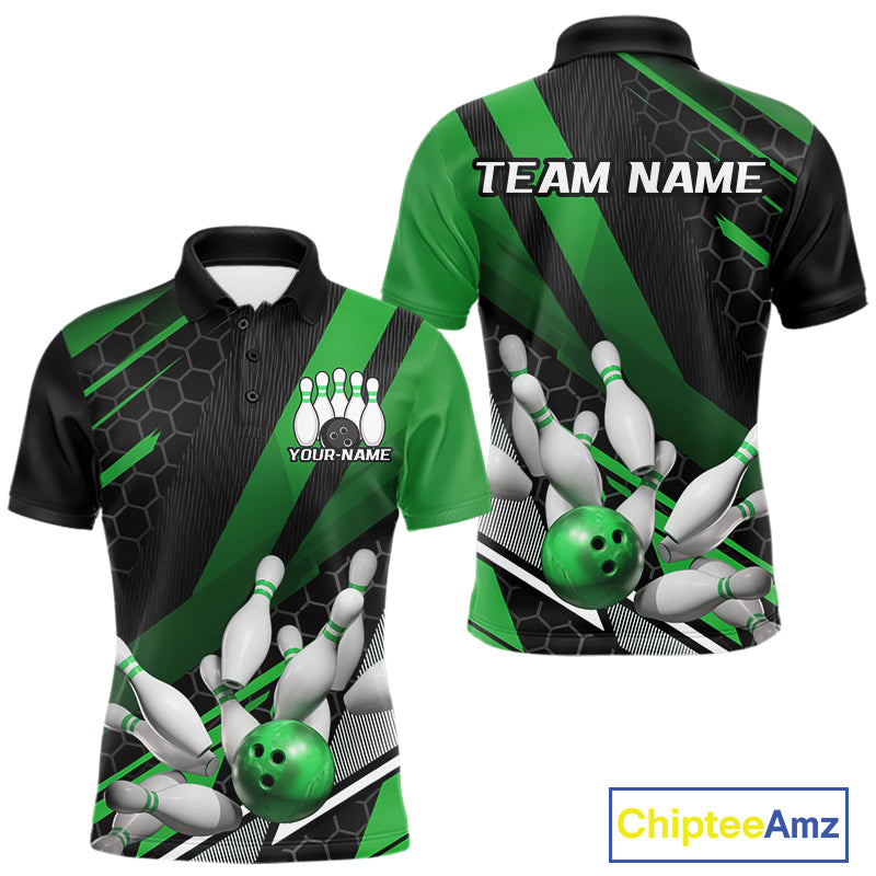 Custom Black And Green Bowling Team Jerseys, Striking Bowling League Polo Shirt For Men IPHW9808
