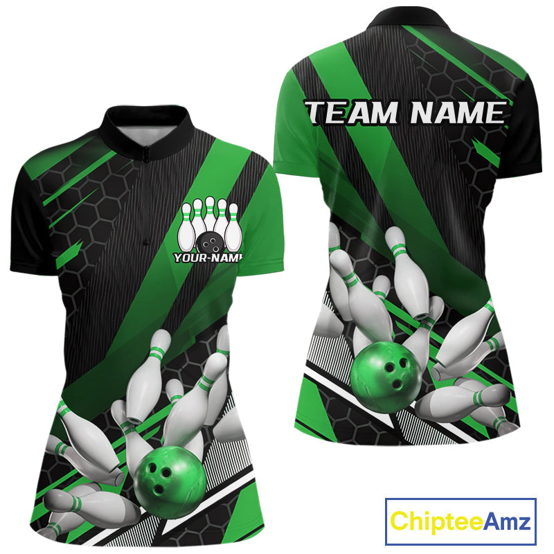 Custom Green Bowling Team Jerseys, Striking Bowling League Quarter-Zip Shirt For Women IPHW9808