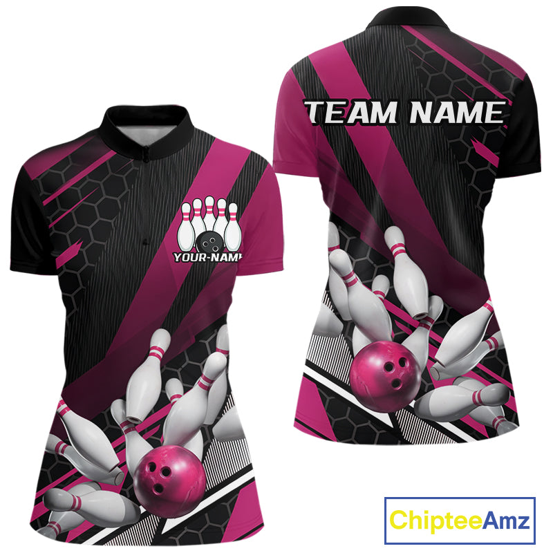 Custom Pink Bowling Team Jerseys, Striking Bowling League Quarter-Zip Shirt For Women IPHW9810