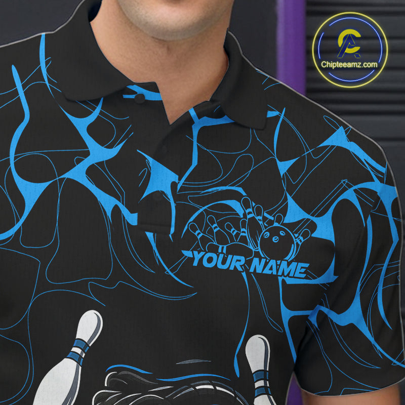 Custom Black And Blue Cobra Snake Bowling Jerseys, Bowling Team Men Polo Shirts IPHW9814
