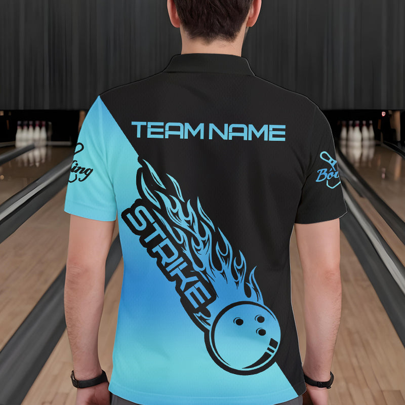 Black And Blue Custom Strike Bowling Polo Shirts For Men, Bowling Team Shirt Bowler Outfit IPHW8822