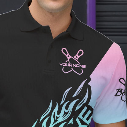 Blue And Pink Custom Strike Bowling Polo Shirts For Men, Bowling Team Shirt Bowler Outfit IPHW8823