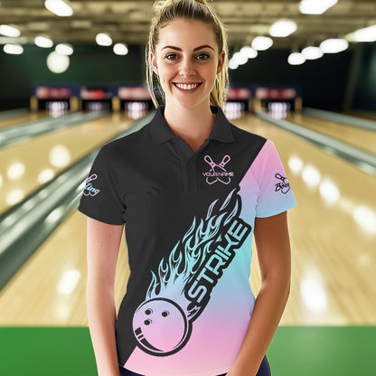 Blue And Pink Custom Strike Bowling Polo Shirts For Women, Bowling Team Shirt Bowler Outfit IPHW8823