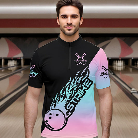 Blue And Pink Custom Strike Bowling Quarter-Zip Shirts For Men, Bowling Team Shirt Bowler Outfit IPHW8823