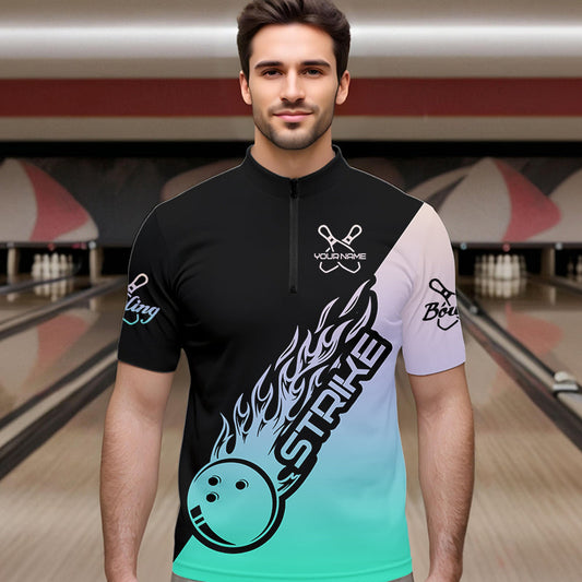 Green And Purple Custom Strike Bowling Quarter-Zip Shirts For Men, Bowling Team Shirt Bowler Outfit IPHW8824