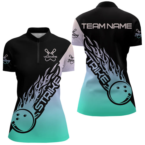 Green And Purple Custom Strike Bowling Women Quarter-Zip Shirts, Bowling Team Bowler Outfit IPHW8824