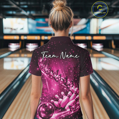 Custom Pink Butterfly Bowling Women Polo Team Shirt, Ladies Bowling League Shirt IPHW10901