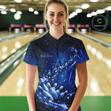 Load image into Gallery viewer, Custom Blue Butterfly Bowling Women Quarter-Zip Team Shirt, Ladies Bowling League Shirt IPHW10902