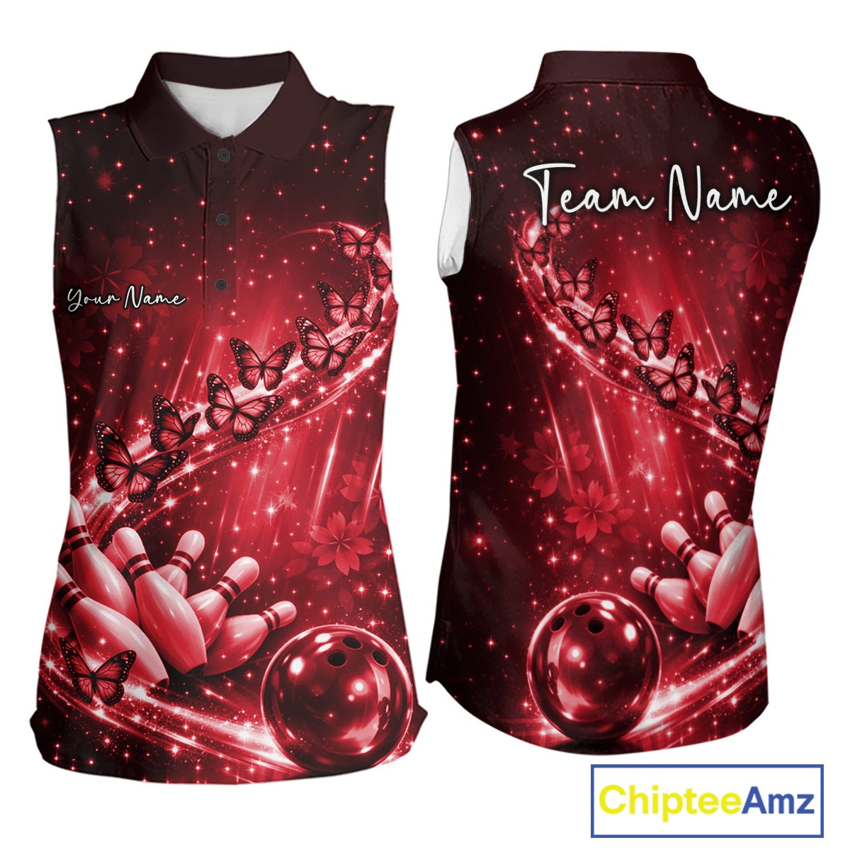 Custom Red Butterfly Bowling Women Sleeveless Polo Team Shirt, Ladies Bowling League Shirt IPHW10903