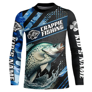 Personalized Blue Camo Crappie Fishing Jerseys, Crappie Long Sleeve Tournament Fishing Shirts IPHW6331