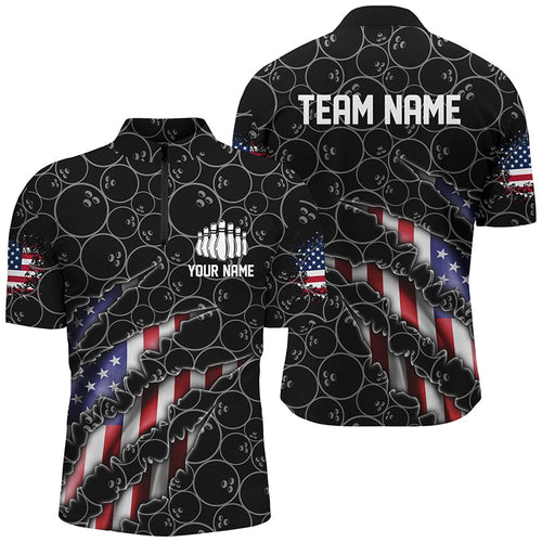 Custom Patriotic Bowling Zip Shirts For Men, American Flag Bowling Uniform Bowlers Outfit | Black IPHW6778