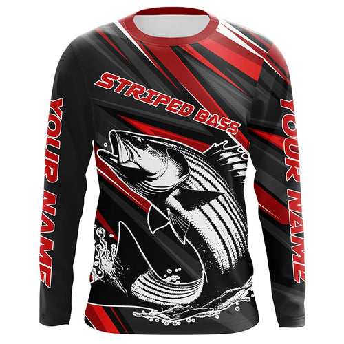 Black And Red Striped Bass Fishing Jerseys, Custom Striper Long Sleeve Performance Fishing Shirts IPHW6897