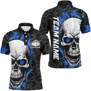 Blue And Black Custom Skull Flame Bowling Shirts For Men, Custom Bowling Team Uniform For Bowlers IPHW5103