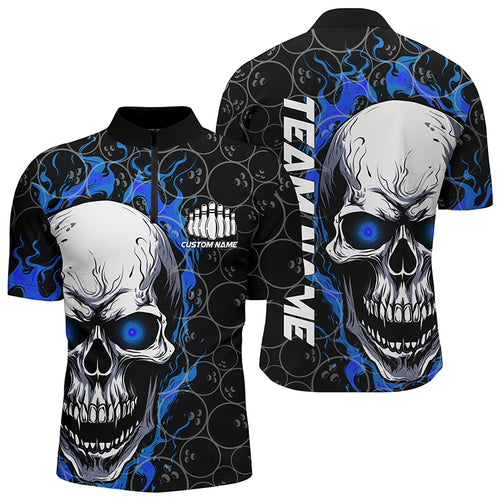 Blue And Black Custom Skull Flame Bowling Shirts For Men, Custom Bowling Team Uniform For Bowlers IPHW5103