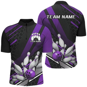 Black And Purple Custom Bowling Team Jerseys, Bowling League Shirts For Men, Bowlers Outfits IPHW7691