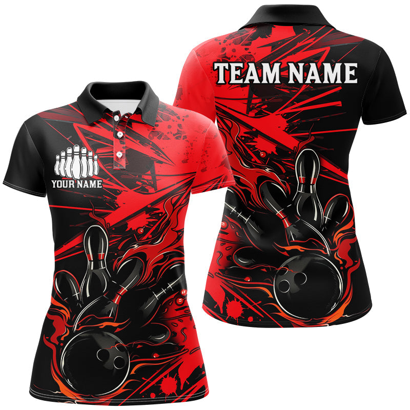 Black And Red Custom Flame Bowling Shirts For Women, Bowling Team Uniform Bowler Outfits IPHW7692