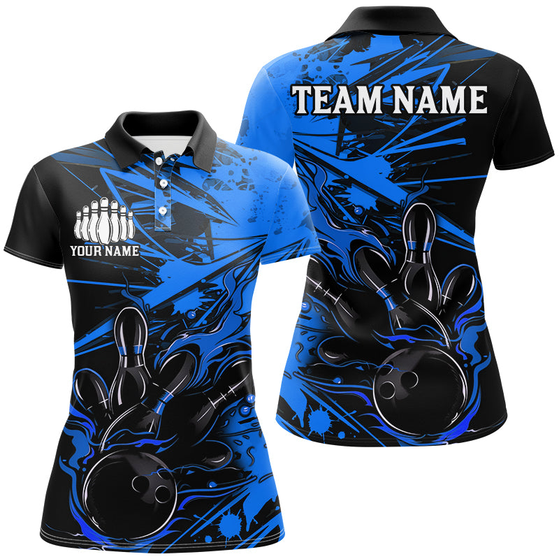 Black And Blue Custom Flame Bowling Shirts For Women, Bowling Team Uniform Bowler Outfits IPHW7694