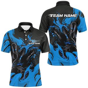 Black And Blue Custom Flame Bowling Shirts For Men, Bowling League Shirts Team Uniform IPHW7696