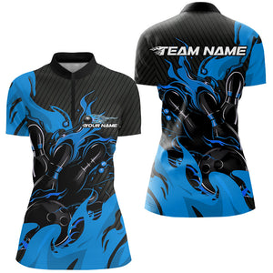 Black And Blue Custom Flame Bowling Shirts For Women, Bowling League Shirts Team Uniform IPHW7696