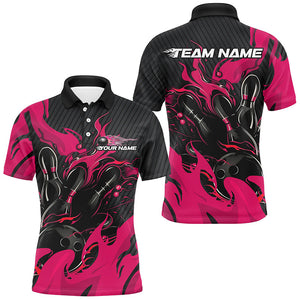 Black And Pink Custom Flame Bowling Shirts For Men, Bowling League Shirts Team Uniform IPHW7697