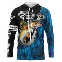 Load image into Gallery viewer, Fish Hook Walleye Fishing Custom Long Sleeve Tournament Fishing Shirts Fishing Jerseys | Blue Camo IPHW5736