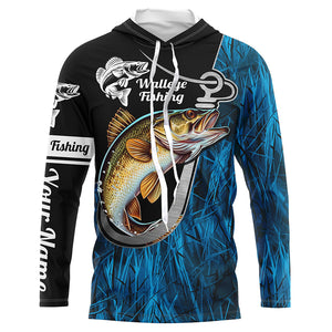 Fish Hook Walleye Fishing Custom Long Sleeve Tournament Fishing Shirts Fishing Jerseys | Blue Camo IPHW5736