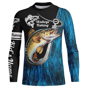 Fish Hook Walleye Fishing Custom Long Sleeve Tournament Fishing Shirts Fishing Jerseys | Blue Camo IPHW5736