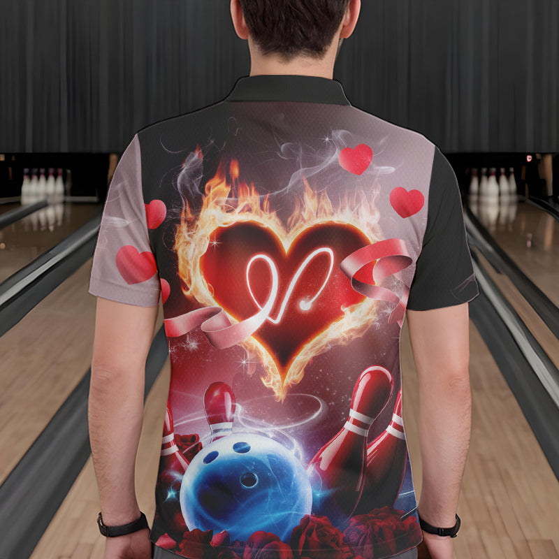 Custom Valentines Day Couple Bowling Polo Shirts For Men, Roses And Flame Bowling For Lovers IPHW8340