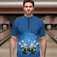 Load image into Gallery viewer, Custom Blue Valentine Bowling Quarter-Zip Shirts For Men, Valentines Day Couple Bowling Outfits  IPHW8349
