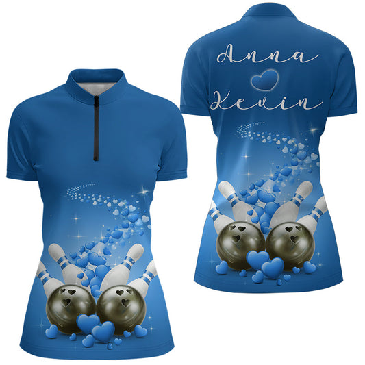 Custom Blue Valentine Bowling Quarter-Zip Shirts For Women, Couple Bowling Outfits  IPHW8349