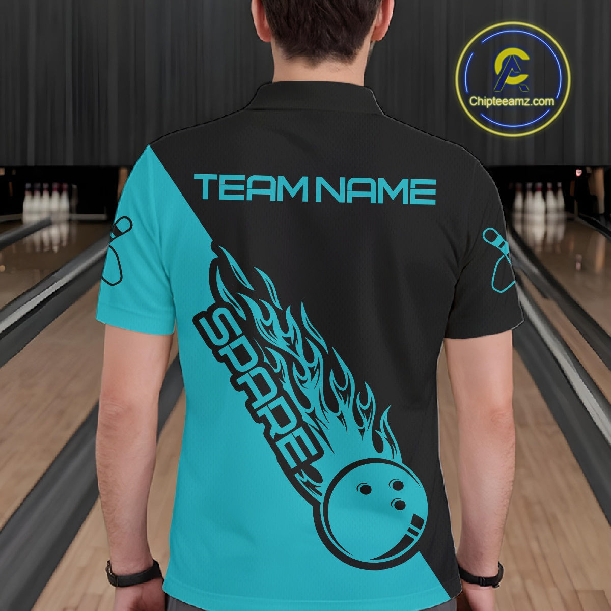 Custom Black And Blue Flame Spare Bowling Men Shirts, Bowling Team League Jerseys IPHW10689