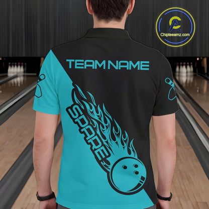Custom Black And Blue Flame Spare Bowling Men Shirts, Bowling Team League Jerseys IPHW10689