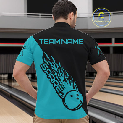 Custom Black And Blue Flame Spare Bowling Men Shirts, Bowling Team League Jerseys IPHW10689