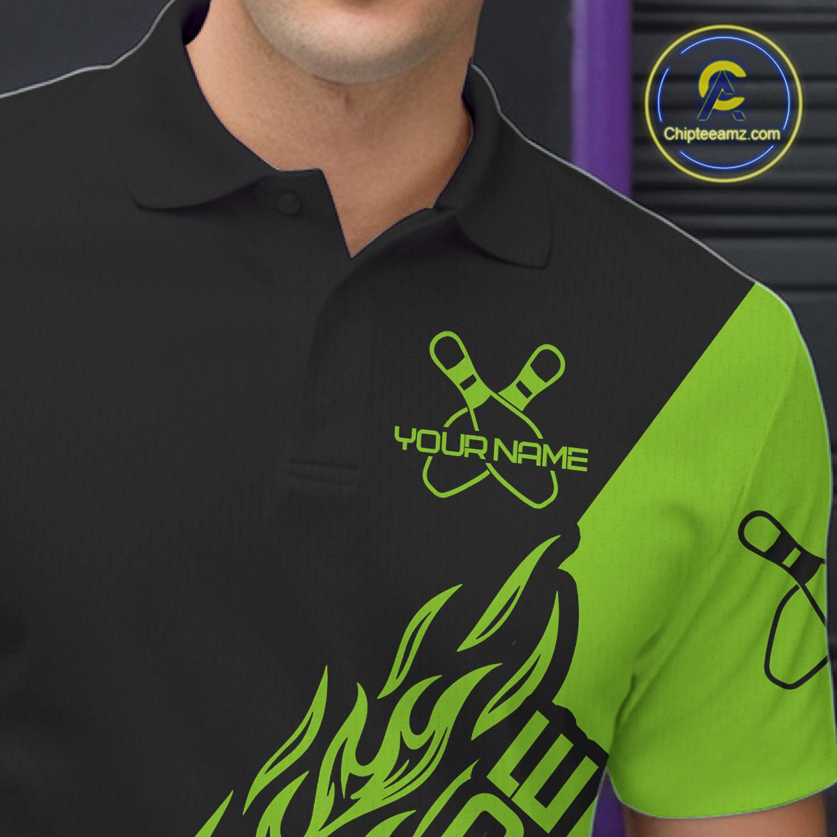 Custom Black And Green Flame Spare Bowling Men Shirts, Bowling Team League Jerseys IPHW10690