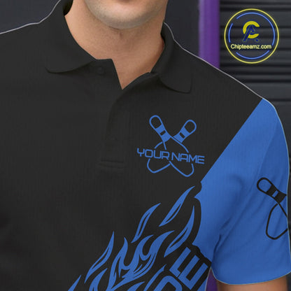 Custom Black And Blue Flame Spare Bowling Men Shirts, Bowling Team League Jerseys IPHW10692