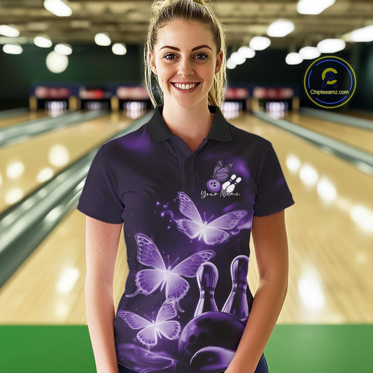 Custom Purple Butterfly Bowling Polo Shirts For Women, Bowling Team Shirt With Butterflies IPHW10700