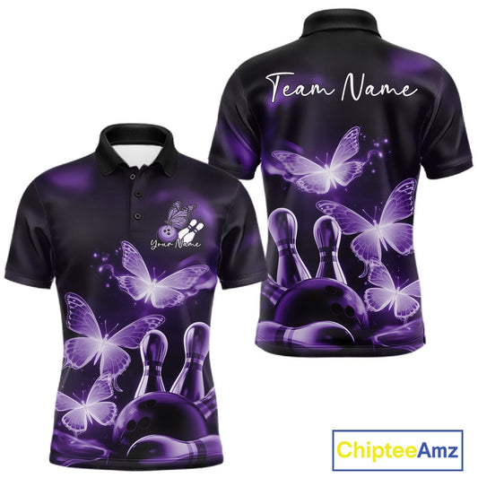 Custom Purple Butterfly Bowling Polo Shirts For Men, Bowling Team Shirt With Butterflies IPHW10700