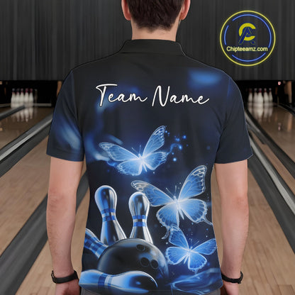 Custom Blue Butterfly Bowling Polo Shirts For Men, Bowling Team Shirt With Butterflies IPHW10701
