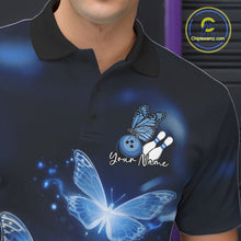 Load image into Gallery viewer, Custom Blue Butterfly Bowling Polo Shirts For Men, Bowling Team Shirt With Butterflies IPHW10701