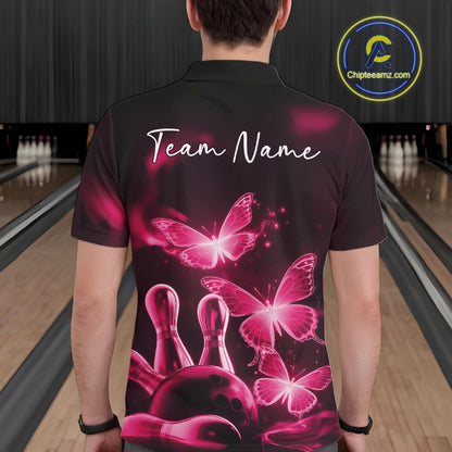 Custom Pink Butterfly Bowling Polo Shirts For Men, Bowling Team Shirt With Butterflies IPHW10702