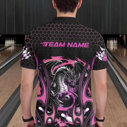 Custom Black And Pink Flame Dragon Bowling Men Polo Shirts, Team Bowling League Shirt IPHW8841