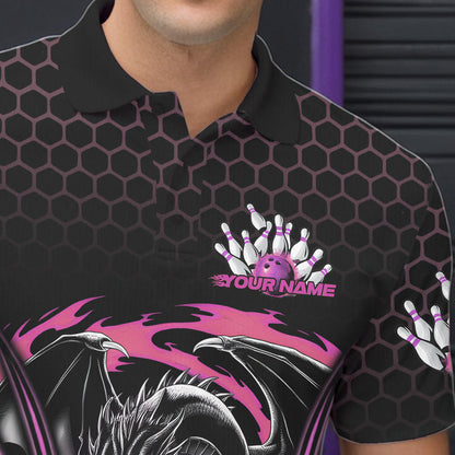 Custom Black And Pink Flame Dragon Bowling Men Polo Shirts, Team Bowling League Shirt IPHW8841
