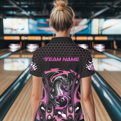 Custom Black And Pink Flame Dragon Bowling Women Polo Shirts, Team Bowling League Shirt IPHW8841