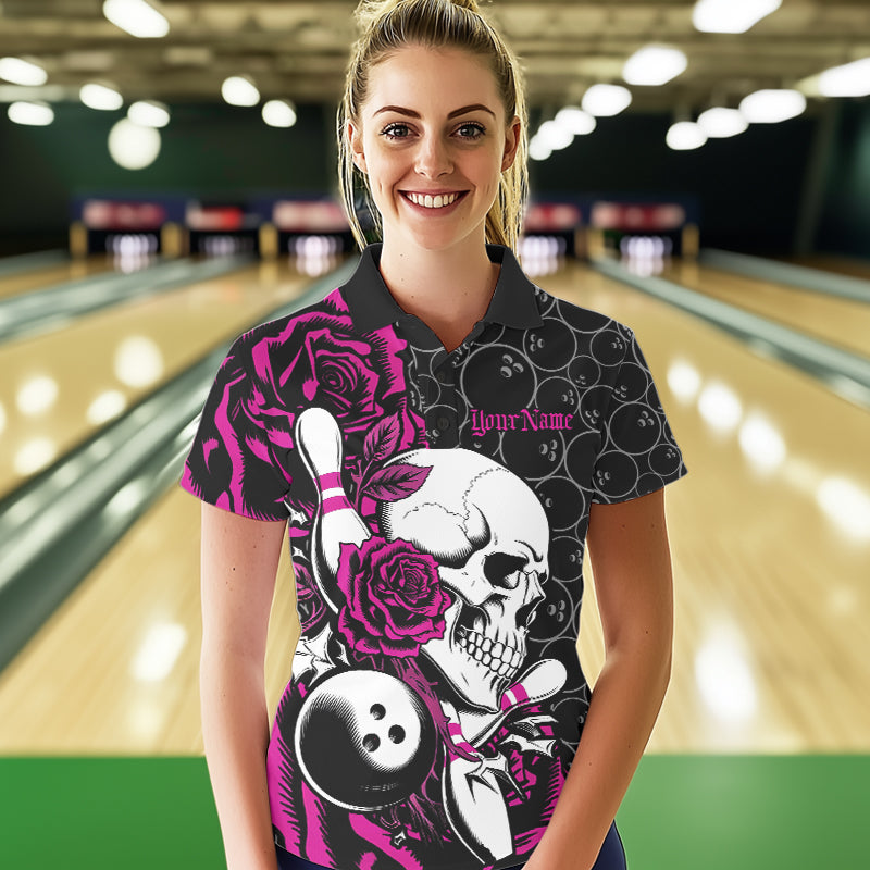 Custom Pink Roses And Skull Bowling Polo Shirts For Women, Team Bowling League Shirt IPHW8843