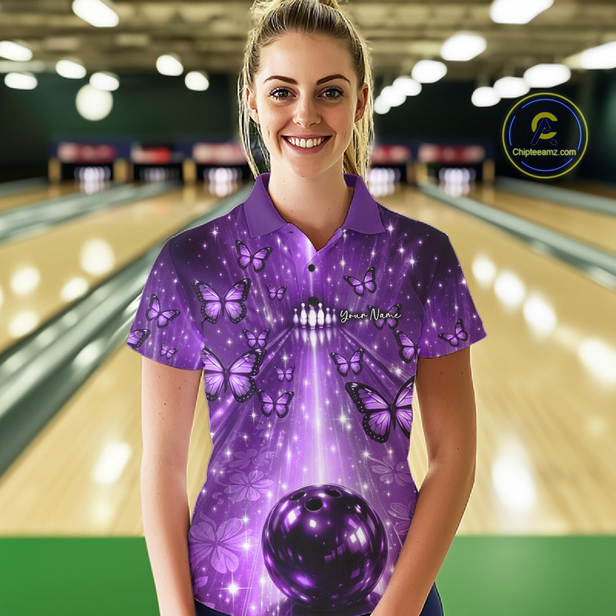 Custom Purple Galaxy Bowling Lane Butterfly Bowling Team Women Polo Shirt IPHW10917