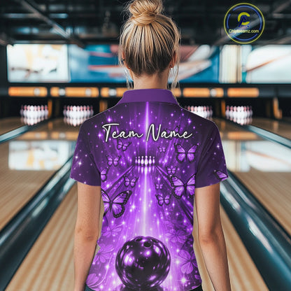Custom Purple Galaxy Bowling Lane Butterfly Bowling Team Women Polo Shirt IPHW10917