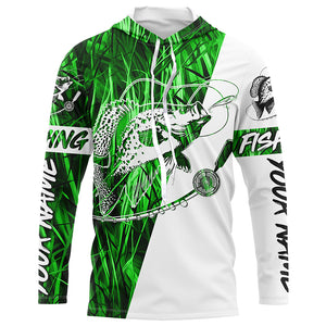 Custom Crappie Fishing Tattoo Long Sleeve Shirts, Green Grass Camo Crappie Fishing Jerseys IPHW6345