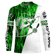 Load image into Gallery viewer, Custom Crappie Fishing Tattoo Long Sleeve Shirts, Green Grass Camo Crappie Fishing Jerseys IPHW6345