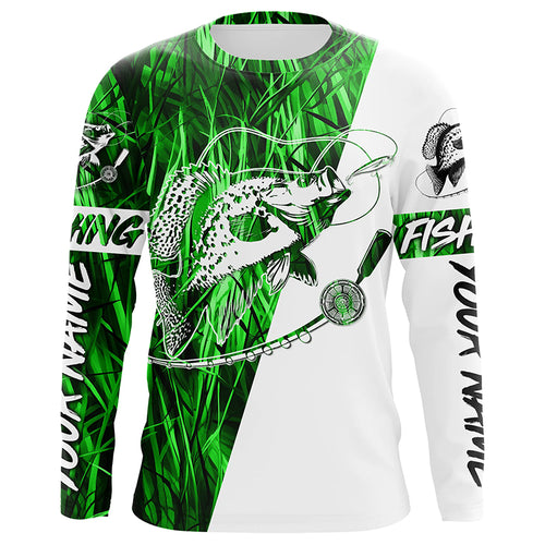 Custom Crappie Fishing Tattoo Long Sleeve Shirts, Green Grass Camo Crappie Fishing Jerseys IPHW6345