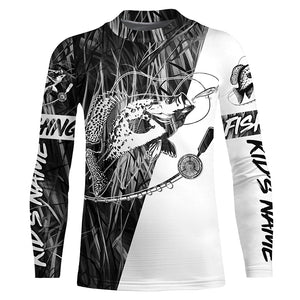 Custom Crappie Fishing Tattoo Long Sleeve Shirts, Gray Grass Camo Crappie Fishing Jerseys IPHW6346